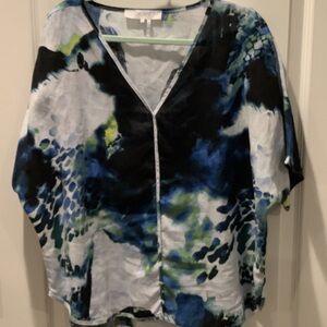 DKNY Blue, Black, White & Green Abstract V-Neck Tunic